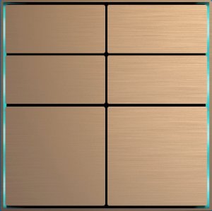 Botón KNX serie Dora, bronce antiguo, 4 módulos / 6 botones, aluminio anodizado, diseño en cruz, termostato parametrizado, lector de temperatura interno, 2 entradas externas. 86 x 86 x 8 mm